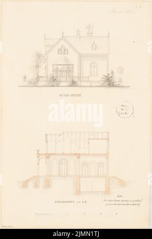Architecte inconnu, maison de jardinier dans un parc princier. Compétition mensuelle Mars 1861 (03,1861): RISS vue latérale, section longitudinale; barre d'échelle. Tuser et crayon aquarelle sur papier, 46,3 x 30,8 cm (y compris les bords de numérisation) Banque D'Images
