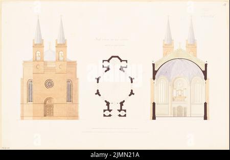 Architecte inconnu, église de village avec 300 sièges. Compétition mensuelle en janvier 1865 (01,1865): Plan d'étage, entrée de torture, coupe transversale (autel de direction); 2 bandes d'échelle. Aquarelle crayon sur la boîte, 32 x 49 cm (y compris les bords de numérisation) Banque D'Images