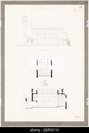 Architecte inconnu, église de village. Compétition mensuelle mai 1863 (05,1863) : vue latérale du RISS, section longitudinale, section transversale; barre d'échelle. Tuche aquarelle sur papier, 59,4 x 42 cm (y compris les bords de numérisation) Banque D'Images