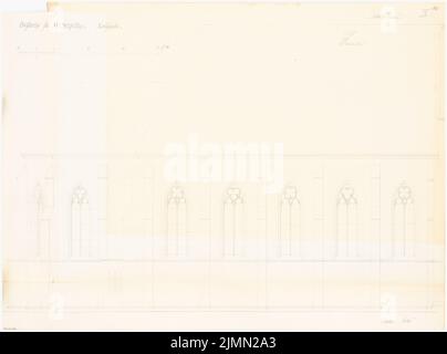 Architecte inconnu, église de village avec 300 sièges. Concours mensuel en janvier 1865 (01,1865) : vue latérale (partielle) sur les recours; barre d'échelle. Encre et crayon sur carton, 49,6 x 66,8 cm (y compris les bords de numérisation) Banque D'Images