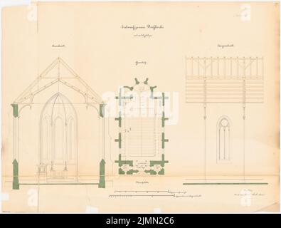 Architecte inconnu, église de village avec 300 sièges. Compétition mensuelle janvier 1865 (01,1865): Plan d'étage, section longitudinale (partielle), coupe transversale (autel de direction); 2 bandes d'échelle. Encre sur carton, 51,9 x 68,4 cm (y compris les bords de numérisation) Banque D'Images