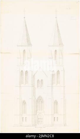 Architecte inconnu, église de village avec 300 sièges. Compétition mensuelle en janvier 1865 (01,1865): Tour et tour d'entrée; 1:60, barre d'échelle. Encre et crayon sur carton, 99 x 59,6 cm (y compris les bords de numérisation) Banque D'Images