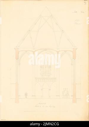 Architecte inconnu, église de village avec 300 sièges. Compétition mensuelle janvier 1865 (01,1865): Coupe transversale (direction/ orgue); 1:60, barre d'échelle. Aquarelle de l'encre et du crayon sur la boîte, 57,3 x 42,6 cm (y compris les bords de numérisation) Banque D'Images