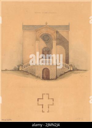 Architecte inconnu, chapelle de tombe. Compétition mensuelle avril 1867 (04,1867) : plan d'étage (croquis), vue avant déchirant ; barre d'échelle. Crayon aquarelle sur papier, 29 x 21,9 cm (y compris les bords de numérisation) Banque D'Images