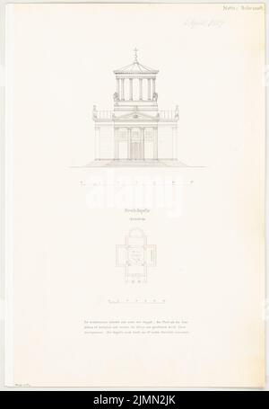 Architecte inconnu, chapelle de tombe. Concours mensuel avril 1867 (04,1867): Plan d'étage, vue de face de l'ascendance; 2 bandes d'échelle, texte explicatif. Tuche aquarelle sur la boîte, 55,1 x 38 cm (y compris les bords de numérisation) Banque D'Images