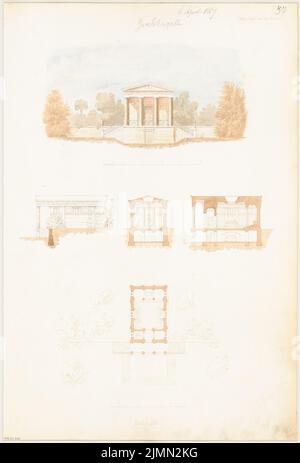 Architecte inconnu, chapelle de tombe. Compétition mensuelle avril 1867 (04,1867) : plan d'étage, vue de face de l'ascendance, vue latérale, section longitudinale, coupe transversale; 2 bandes de graduation. Tuche aquarelle sur la boîte, 60,7 x 41,1 cm (y compris les bords de numérisation) Banque D'Images