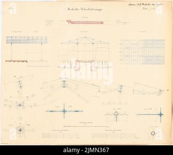 Gerold Adolf (1840-1879), rampe de chargement couverte. Compétition mensuelle octobre 1869 (10,1869) : plan d'étage, vue latérale, section longitudinale, section transversale, détails; 3 bandes de graduation. Tuche aquarelle sur la boîte, 52,7 x 62,6 cm (y compris les bords de numérisation) Banque D'Images