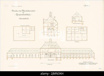 Böttcher, Moorbadanstalt à Langenschwalbach. Bâtiment principal, machine et chaudière, canalisation (1903-1905): Plan d'étage étage étage et grenier de la construction centrale, section longitudinale, section transversale 1: 100. Lithographie, 69,2 x 100,8 cm (y compris les bords de balayage) Banque D'Images