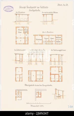 Architecte inconnu, goujon de terre royal pour la province de Saxe, Kröllwitz. Bâtiment stable (env 1890): Fondations de plan de plancher, KG, EG, 1st plancher, 1: 100. Lithographie, 49,7 x 33,5 cm (y compris les bords de balayage) Banque D'Images