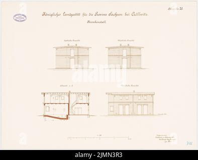 Architecte inconnu, goujon de terre royal pour la province de Saxe, Kröllwitz. Santé stable (env 1890): Coupe transversale, vue O-, W, N 1: 100. Lithographie, 52 x 68,3 cm (y compris les bords de balayage) Banque D'Images