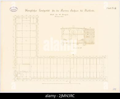 Architecte inconnu, goujon de terre royal pour la province de Saxe, Kröllwitz. Stable pour 114 étalons (env 1890): plan d'étage, section transversale (n-moitié), 1: 100. Lithographie, 51,6 x 67,1 cm (y compris les bords de balayage) Banque D'Images