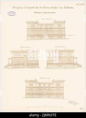 Architecte inconnu, goujon de terre royal pour la province de Saxe, Kröllwitz. Maison de la maison du goujon (env 1890) : VUE O-, N-, S, W, 1 : 100. Lithographie, 67,3 x 51,3 cm (y compris les bords de balayage) Banque D'Images