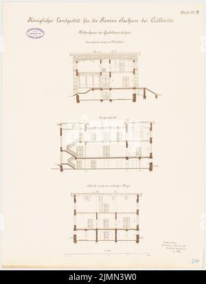 Architecte inconnu, goujon de terre royal pour la province de Saxe, Kröllwitz. Bâtiment résidentiel du guide-goujon (env 1890): coupes transversales, longueur de coupe, 1: 100. Lithographie, 68,3 x 51,9 cm (y compris les bords de balayage) Banque D'Images