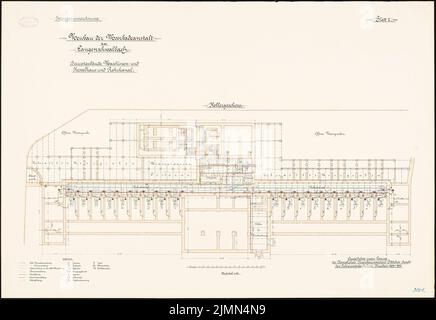 Böttcher, Moorbadanstalt à Langenschwalbach. Bâtiment principal, machine et chaudière, canalisation (1903-1905): Grundriss Keller 1: 100. Lithographie, 68,9 x 100,3 cm (y compris les bords de balayage) Banque D'Images