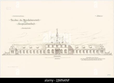 Böttcher, Moorbadanstalt à Langenschwalbach. Bâtiment principal, machine et chaudière, canalisation (1903-1905): RISS vue de face 1: 100. Lithographie, 68,5 x 100,1 cm (y compris les bords de balayage) Banque D'Images