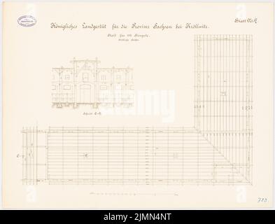 Architecte inconnu, goujon de terre royal pour la province de Saxe, Kröllwitz. Stable pour 114 étalons (env 1890): Plan d'étage, section transversale (moitié S), 1: 100. Lithographie, 51,4 x 67,4 cm (y compris les bords de balayage) Banque D'Images