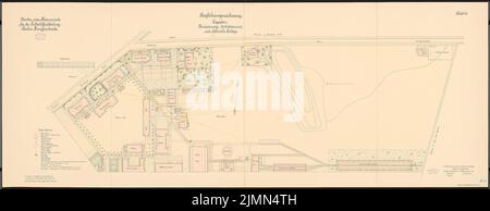 Feuerstein, casernes pour le bataillon de navires aériens, Berlin-Jungfernheide: Plan du site avec taillage et drainage et système électrique 1: 500. Lithographie colorée sur le carton, 74 x 191,5 cm (bord de lecture compris). Banque D'Images