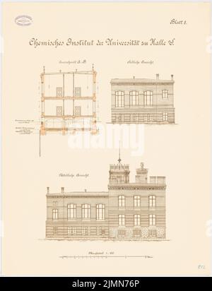 Architecte inconnu, Institut de chimie de l'Université Martin Luther Halle/Saale. Conversion et extension (env 1894): Vue du nord, vue du sud, section transversale 1: 100. Lithographie, 70,3 x 53,8 cm (y compris les bords de balayage) Banque D'Images