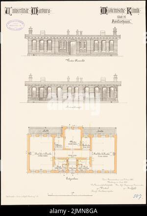 Architecte inconnu, clinique médicale de l'Université de Philipps Marburg (env 1887): Maison isolante: Plan d'étage rez-de-chaussée, vue avant de la tourmente, vue arrière 1: 100. Lithographie, 51,5 x 36,7 cm (y compris les bords de balayage) Banque D'Images