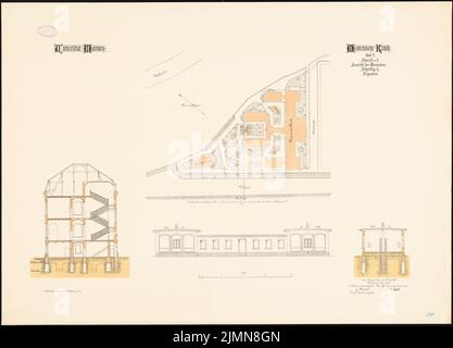 Architecte inconnu, clinique médicale de l'Université de Philipp Marburg (env 1887): plan du site 1: 500. Casernes en déchirement et en découpe 1: 100. Clinique médicale en moyenne 1: 100. Lithographie, 73,5 x 102,2 cm (y compris les bords de balayage) Banque D'Images