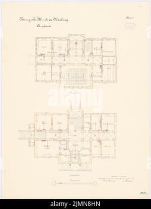 Architecte inconnu, clinique chirurgicale de l'Université de Philipp Marburg (env 1896): Bâtiment d'enseignement: Plan d'étage rez-de-chaussée, étage supérieur 1: 100. Lithographie, 71 x 53,9 cm (y compris les bords de balayage) Banque D'Images