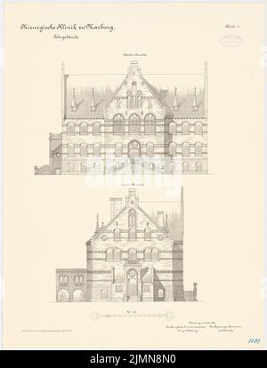 Architecte inconnu, clinique chirurgicale de l'Université de Philipp Marburg (env 1896): Bâtiment d'enseignement: Vue de face supérieure, vue latérale 1: 100. Lithographie, 70,9 x 54 cm (y compris les bords de balayage) Banque D'Images