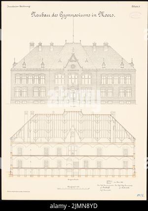 Architecte inconnu, école secondaire à Moers (1894) : supérieur, section longitudinale 1 : 100. Lithographie, 68,9 x 50,8 cm (y compris les bords de balayage) Banque D'Images