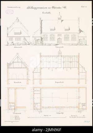 Architecte inconnu, Schillergymnase à Münster (1907): Salle de gym: Fondations du plan d'étage, rez-de-chaussée, vue de face, vue latérale, section longitudinale, section 1 : 100. Lithographie, 69 x 50,8 cm (y compris les bords de balayage) Banque D'Images