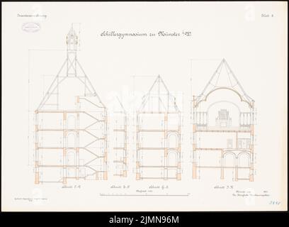 Architecte inconnu, Schillergymnase à Münster (1907): Coupes transversales 1: 100. Lithographie, 50,5 x 68,8 cm (y compris les bords de balayage) Banque D'Images