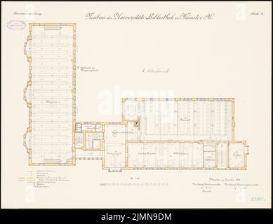 Architecte inconnu, Université de Münster. Bibliothèque (1906): Plan d'étage étage étage 1: 100. Lithographie, 50,7 x 65,8 cm (y compris les bords de balayage) Banque D'Images