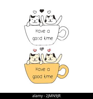 Les chats drôles dans une tasse d'icône de doodle, ont un bon temps d'art. Animaux de compagnie mignons art vectoriel sur fond blanc. Banque D'Images