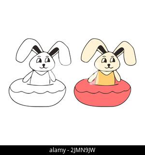 Drôle de lapin et de beignet d'icône de doodle. Animaux de compagnie mignons art vectoriel sur fond blanc. Banque D'Images