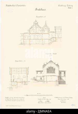 Reinmann, Kadettenhaus in Oranienstein (1899/1900): Salle de bains: RISS, section longitudinale, section transversale 1: 100. Lithographie, 71 x 50,9 cm (y compris les bords de balayage) Banque D'Images