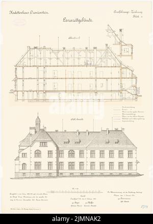 Reinmann, Kadettenhaus in Oranienstein (1899-1903): Lazarett: Vue du Sud supérieur, section longitudinale 1: 100. Lithographie, 70,7 x 50,9 cm (y compris les bords de balayage) Banque D'Images