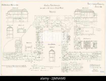 Reinmann, Kadettenhaus à Oranienstein (1900-1902): Conversion intérieure de l'aile ouest et est du château: Plan d'étage cave, rez-de-chaussée, étage, grenier, coupes 1: 200. Lithographie, 51,5 x 71,9 cm (y compris les bords de balayage) Banque D'Images