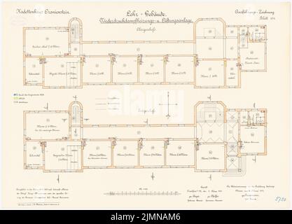 Reinmann, Kadettenhaus in Oranienstein (1900-1902): Bâtiment d'enseignement: Plan d'étage rez-de-chaussée étage supérieur avec système de chauffage et de ventilation 1: 100. Lithographie, 51 x 70,8 cm (y compris les bords de balayage) Banque D'Images