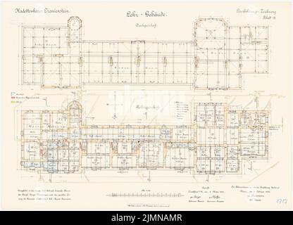 Reinmann, Kadettenhaus à Oranienstein (1900-1902): Bâtiment d'enseignement: Plan d'étage Keller, grenier 1: 100. Lithographie, 50,8 x 70,5 cm (y compris les bords de balayage) Banque D'Images