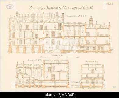 Architecte inconnu, Institut de chimie de l'Université Martin Luther Halle/Saale. Conversion et extension (env 1894) : section longitudinale, section transversale 1 : 100. Lithographie, 53,8 x 69,9 cm (y compris les bords de balayage) Banque D'Images