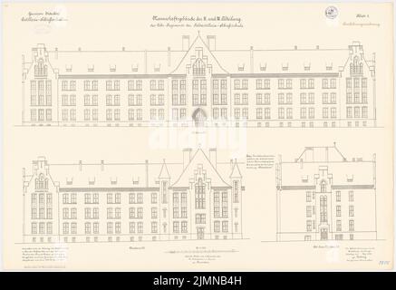 Klatten, écoles de tir d'artillerie, Jüterbog. Construction d'équipes du 2nd ministère (1899-1901) : vue du nord, vue du sud, vue de l'est (ou vue de l'ouest) 1 : 100. Lithographie, 69,2 x 100,8 cm (y compris les bords de balayage) Banque D'Images