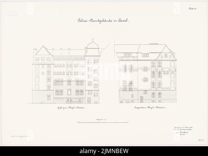 Architecte inconnu, bâtiment des services de police, Kassel (1908): Vues 1: 100. Lithographie, 61,3 x 87 cm (y compris les bords de balayage) Banque D'Images