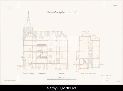 Architecte inconnu, bâtiment des services de police, Kassel (1908): Sections croisées 1: 100. Lithographie, 61,1 x 87,2 cm (y compris les bords de balayage) Banque D'Images