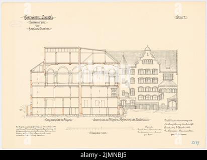 Koppen, casino en garnison, Kassel (1901-1903): Section longitudinale et section transversale, vue de la cour, 1: 100. Lithographie, 48,8 x 67 cm (y compris les bords de balayage) Banque D'Images