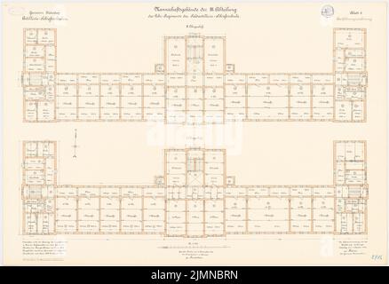 Klatten, écoles de tir d'artillerie, Jüterbog. Bâtiment d'équipe du 2nd département (1899-1901) : plan d'étage 1st étage, 2nd étage 1 : 100. Lithographie, 69 x 100,7 cm (y compris les bords de balayage) Banque D'Images