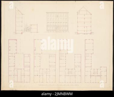 Knoblauch Eduard (1801-1865), immeuble de quatre étages avec deux ailes latérales (avant 1848): Vue de face, coupes, plan d'étage sous-sol, sol et étages supérieurs. Aquarelle de Tusche, 47,2 x 59,5 cm (y compris les bords de numérisation) Banque D'Images