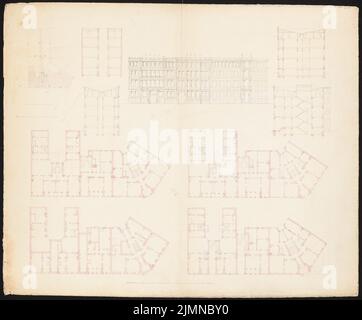 Knoblauch Eduard (1801-1865), trois immeubles d'appartements de quatre étages (après 1848) : plan du site, coupes, plan d'étage sous-sol, sol et étages supérieurs. Aquarelle de Tusche, 60 x 72,4 cm (y compris les bords de numérisation) Banque D'Images