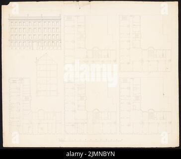 Knoblauch Eduard (1801-1865), maison d'angle de quatre étages (après 1848): Vue de face, coupe, plan d'étage sous-sol, terre et étages supérieurs. Encre, 60,2 x 73 cm (y compris les bords de numérisation) Banque D'Images