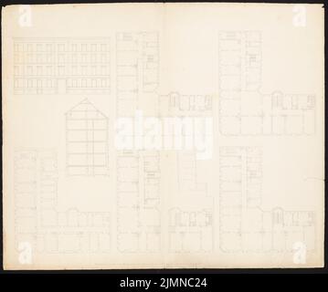 Knoblauch Eduard (1801-1865), maison d'angle de quatre étages avec huit et onze fronts (avant 1848): Vue de face, plan d'étage sous-sol, terre et étages supérieurs, coupés. Encre et crayon, 60,4 x 72,3 cm (y compris les bords de numérisation) Banque D'Images