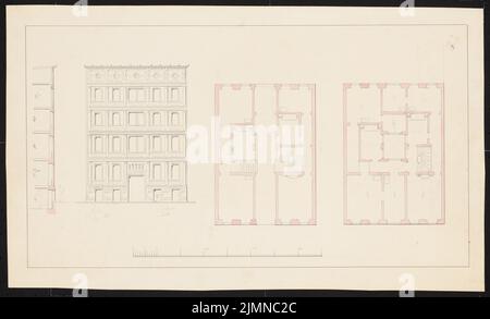 Knoblauch Eduard (1801-1865), immeuble résidentiel urbain de quatre étages autour du centre (avant 1840): Vue de face, plan d'étage rez-de-chaussée et étage supérieur. Aquarelle de Tusche, 29,5 x 48,7 cm (y compris les bords de numérisation) Banque D'Images