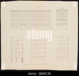 Knoblauch Eduard (1801-1865), palais de quatre étages. Conversion (sans date) : vue de face et vue de côté, coupes. Aquarelle de Tusche, 54,1 x 60,1 cm (y compris les bords de numérisation) Banque D'Images