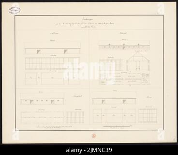 Busse Carl Ferdinand (1802-1868), ferme pour un Vorwerk (1825) : 2 granges, 1 replis, 1 chepshed, chacun avec un plan, plan d'étage, position de barre. Encre sur papier, 56,8 x 69,7 cm (y compris les bords de numérisation) Banque D'Images